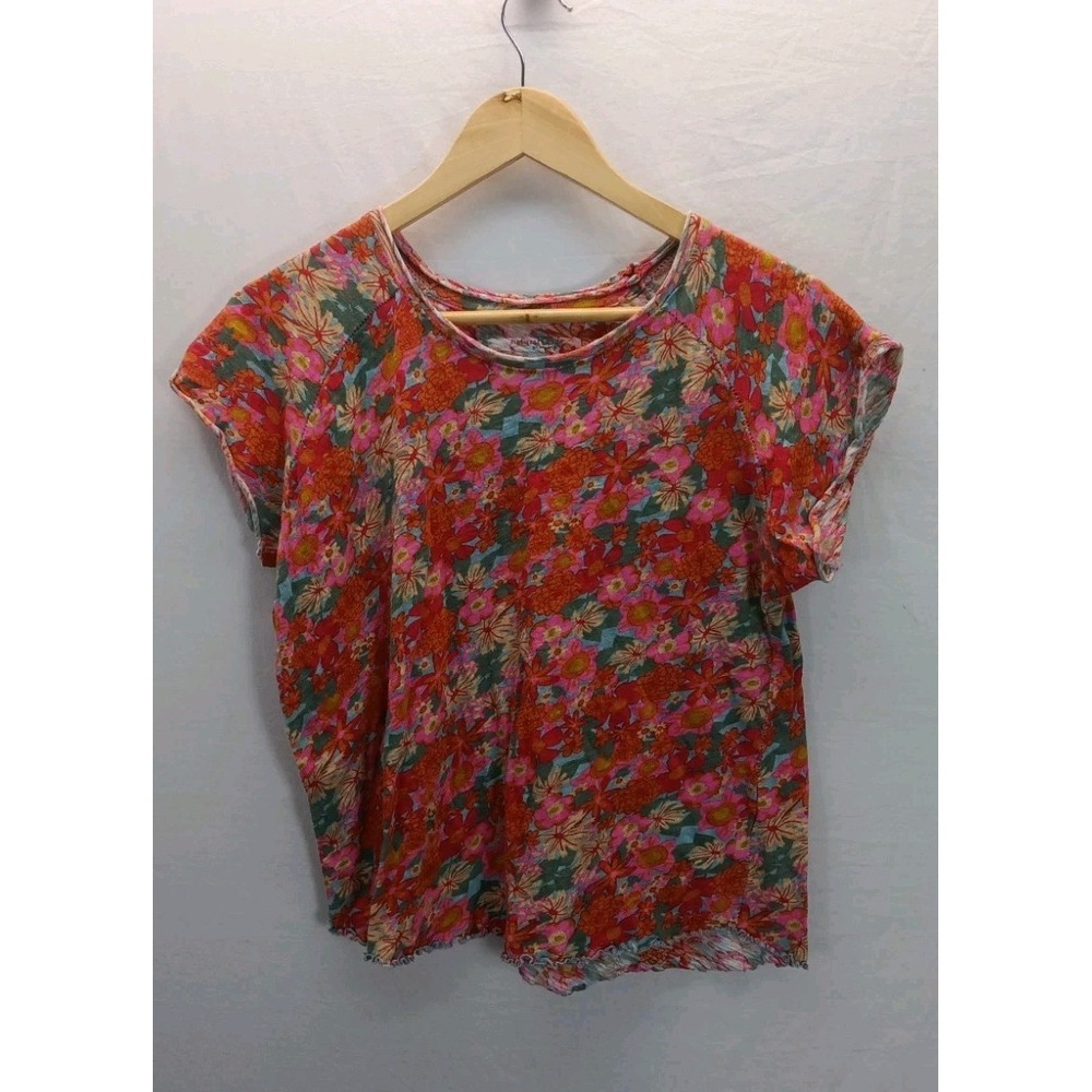 Natural Life LG Floral Short Sleeve Cotton Lettuce Edge Top t-shirt  orange pink